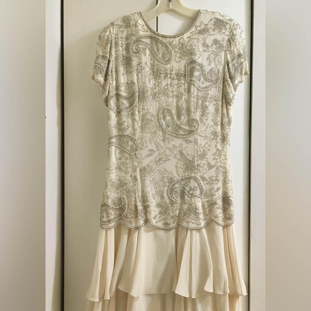 Destinee ….cream color silk…hand beaded Vintage dress.  Size 7/8